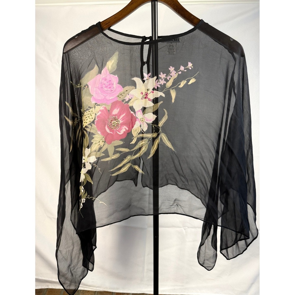 Robbie Bee Women 10 Black Silk Floral Beaded Sheer Poncho Top Fairycore Romantic